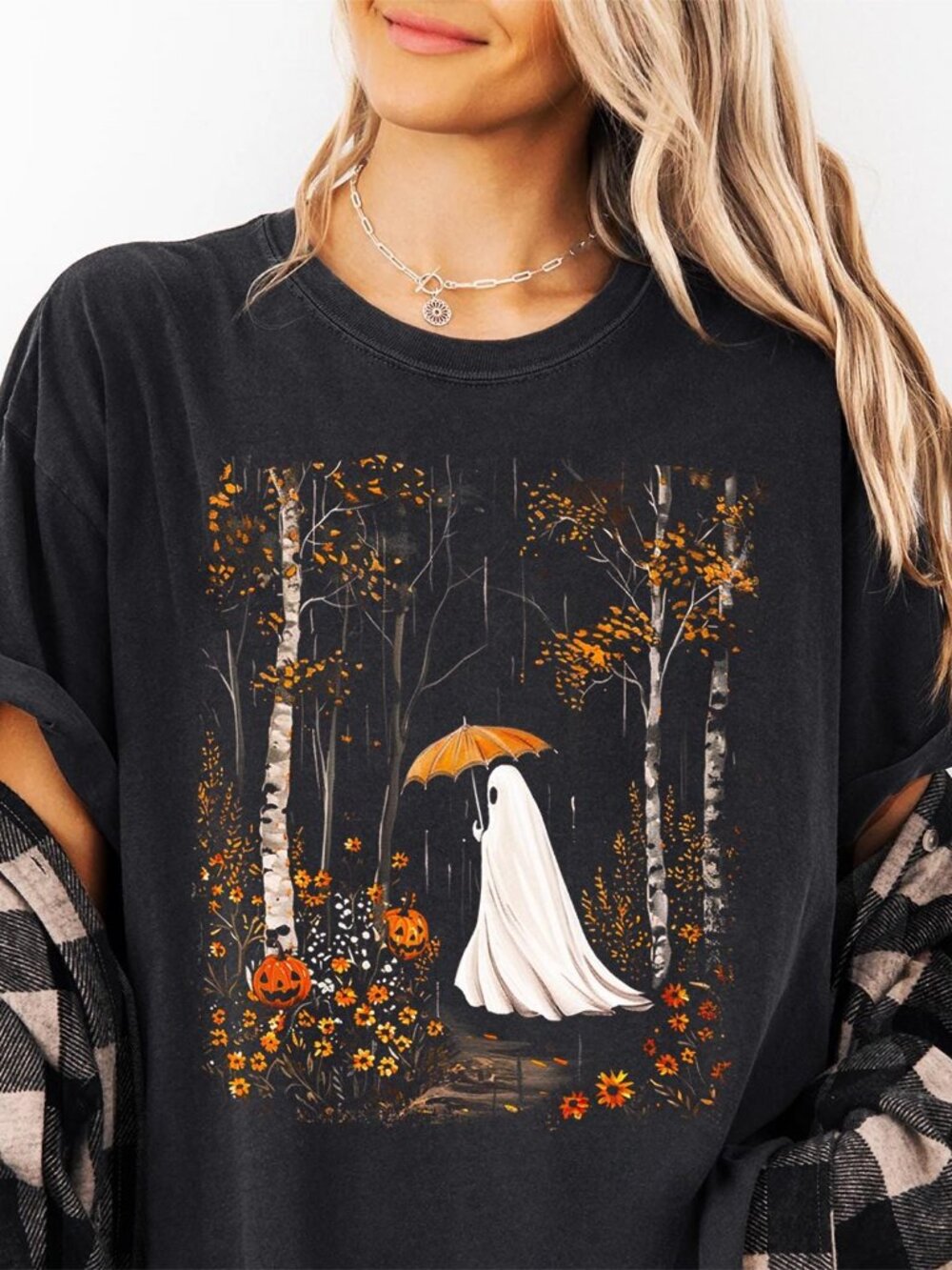 Ghost Halloween Shirt, Spooky Fall Graphic Tee, Cute Ghost With Pumpkin Umbrella